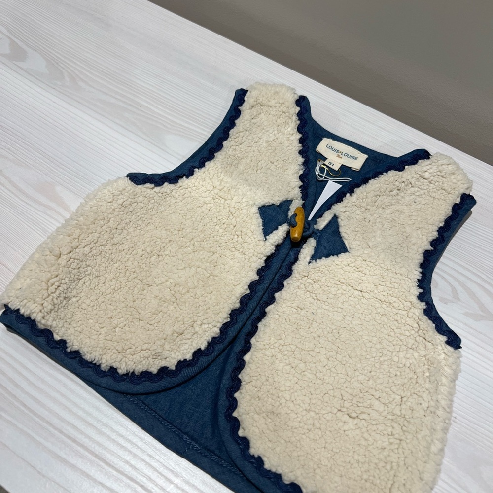 Louise Louise Cozy Baby Girl Shearling Sherpa Vest - Cream and Blue